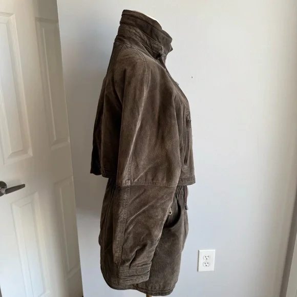 Vintage 80s Brown Suede Utility Coat Womens S Leather Longline Safari Distressed - Picture 4 of 16